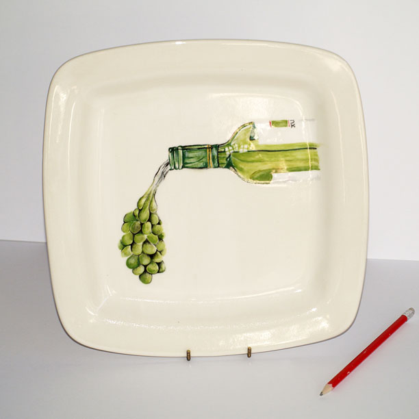 Wine bottle and grapes artistic plate