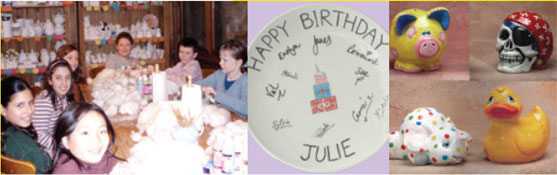 Children enjoying a pottery painting birthday party with painted plates and ceramic items
