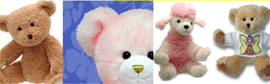 Collection of different teddy bears including brown bear, white bear, pink poodle, and bear with colorful vest